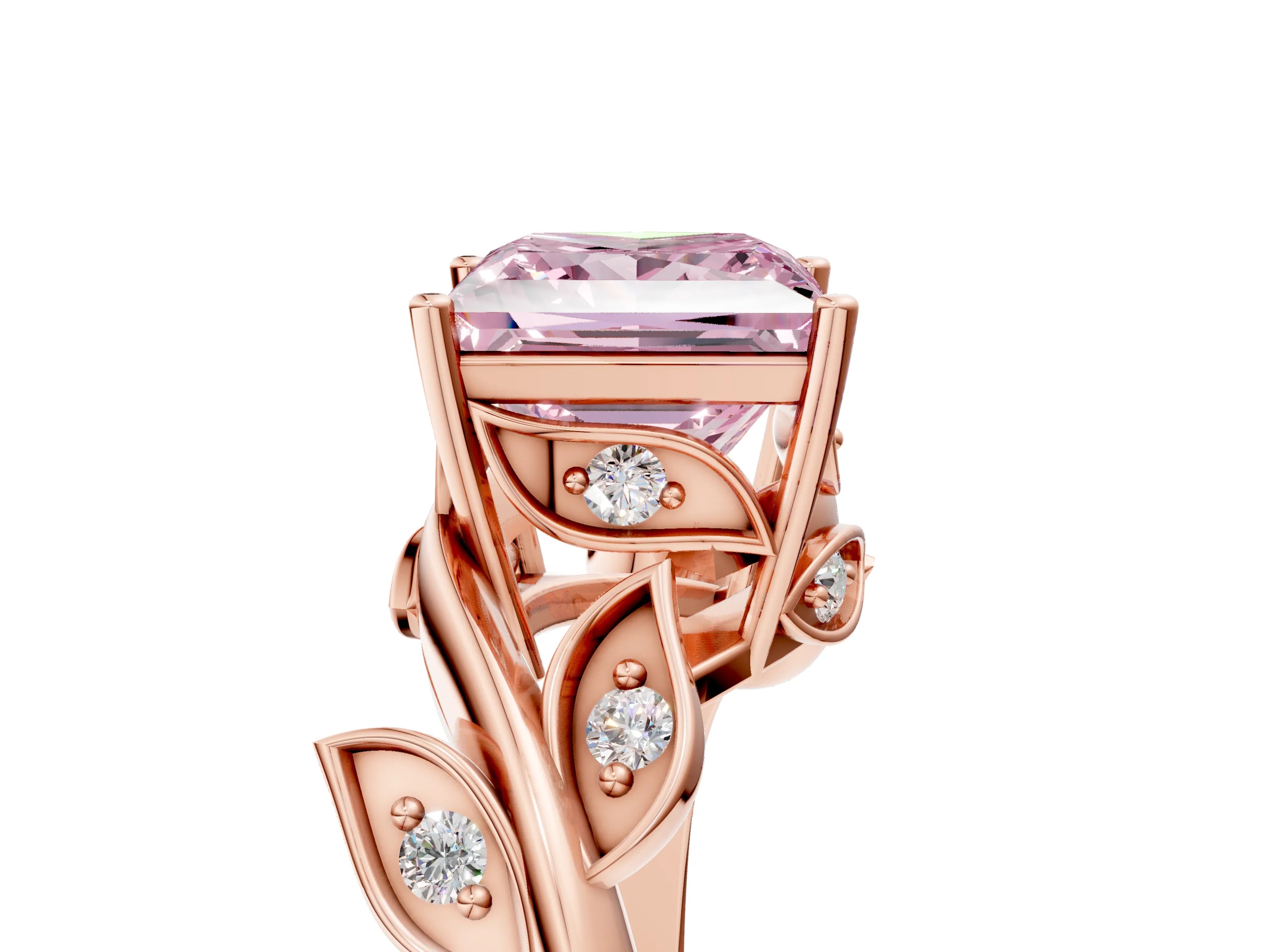 Rose gold Fancy Pink Princess Cut Solitaire Twist Engagement Ring with Leaf Accents and Prong Setting_17