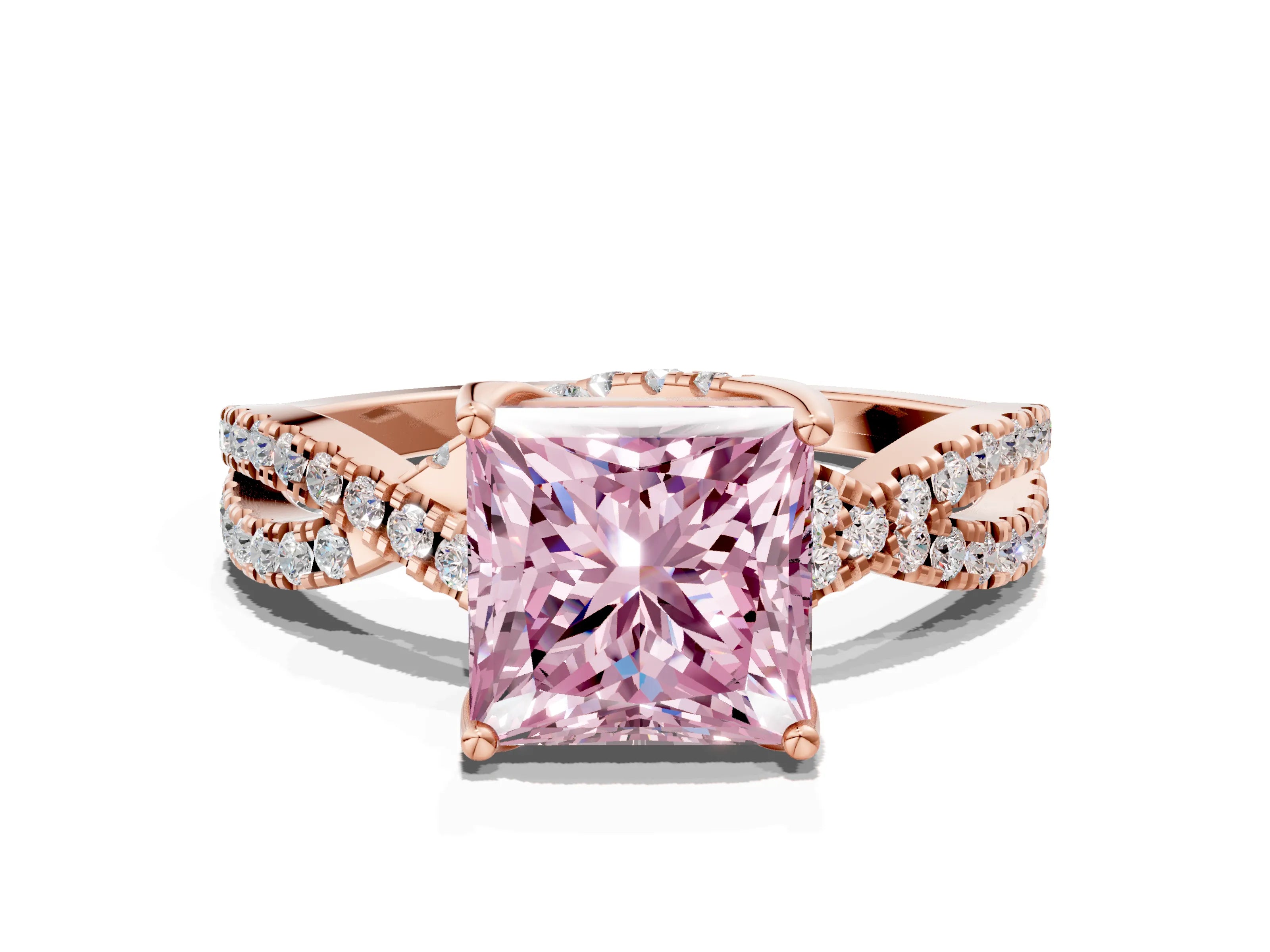 Rose gold Fancy Pink Princess Cut Solitaire Twist Pave Diamond Engagement Ring with Prong Setting