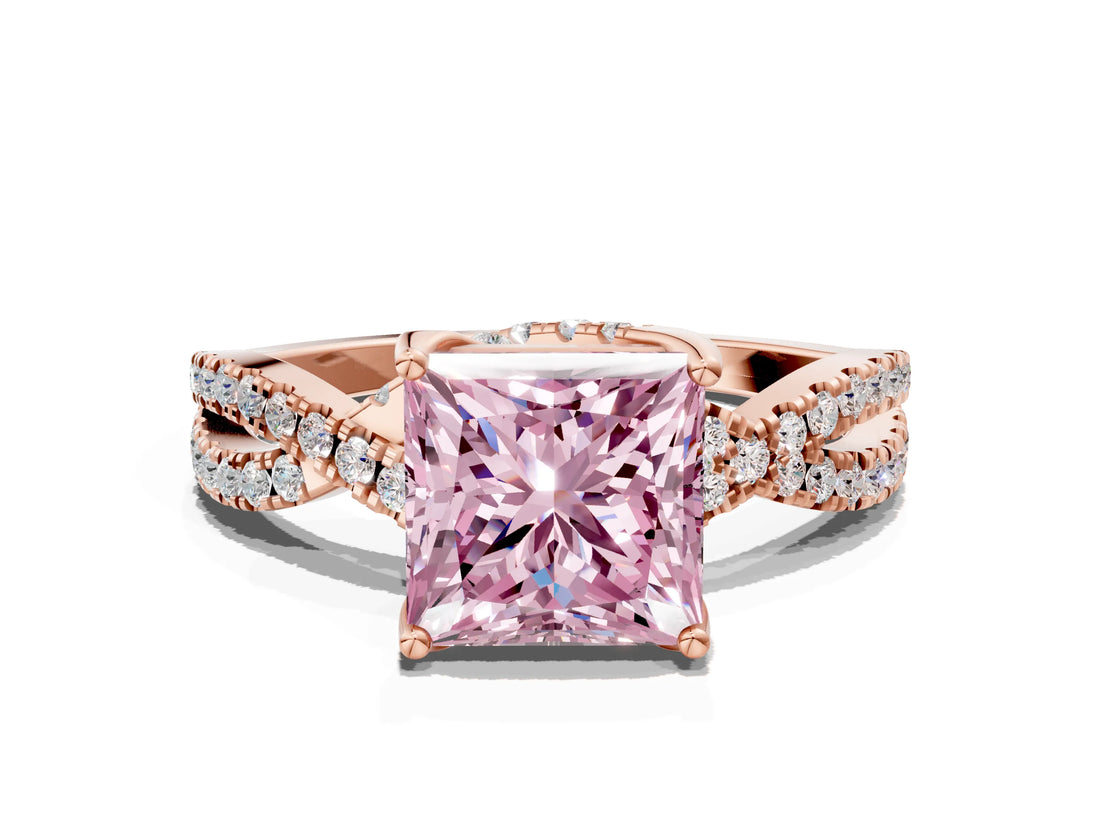 Rose gold Fancy Pink Princess Cut Solitaire Twist Pave Diamond Engagement Ring with Prong Setting