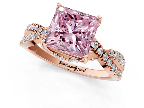 Rose gold Fancy Pink Princess Cut Solitaire Twist Pave Diamond Engagement Ring with Prong Setting_25