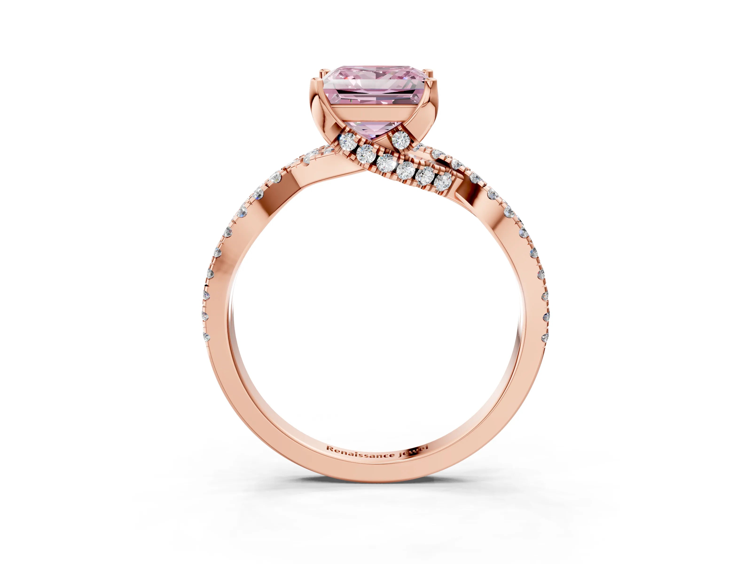 Rose gold Fancy Pink Princess Cut Solitaire Twist Pave Diamond Engagement Ring with Prong Setting_3