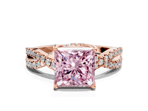 Rose gold Fancy Pink Princess Cut Solitaire Twist Pave Diamond Engagement Ring with Prong Setting