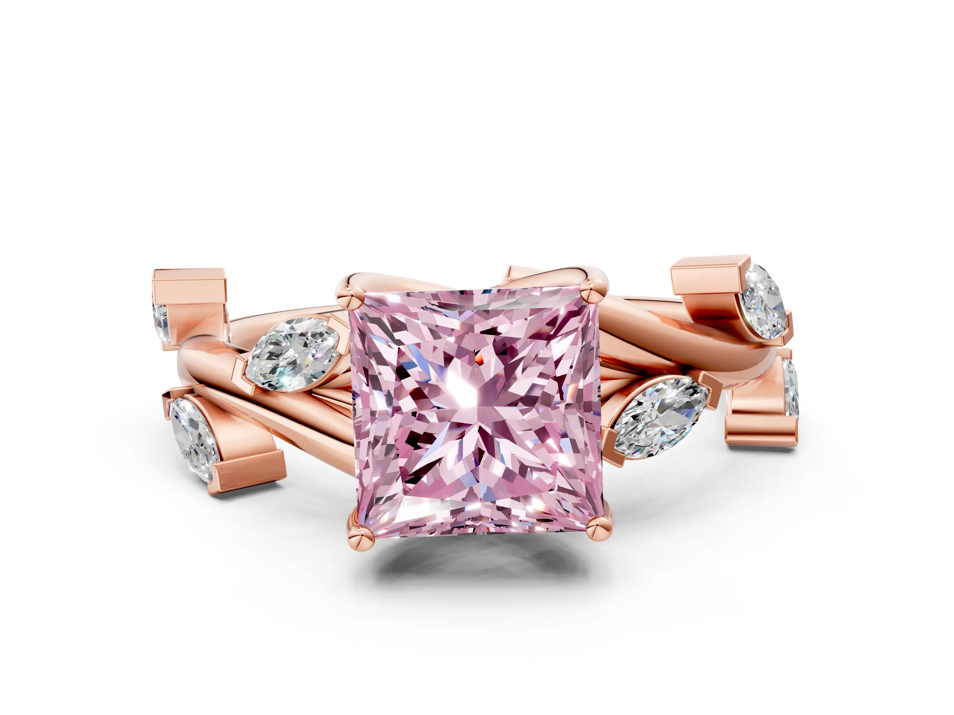 Rose gold Fancy Pink Princess Cut Solitaire Twisted Band Marquise Accent Prong Setting Ring