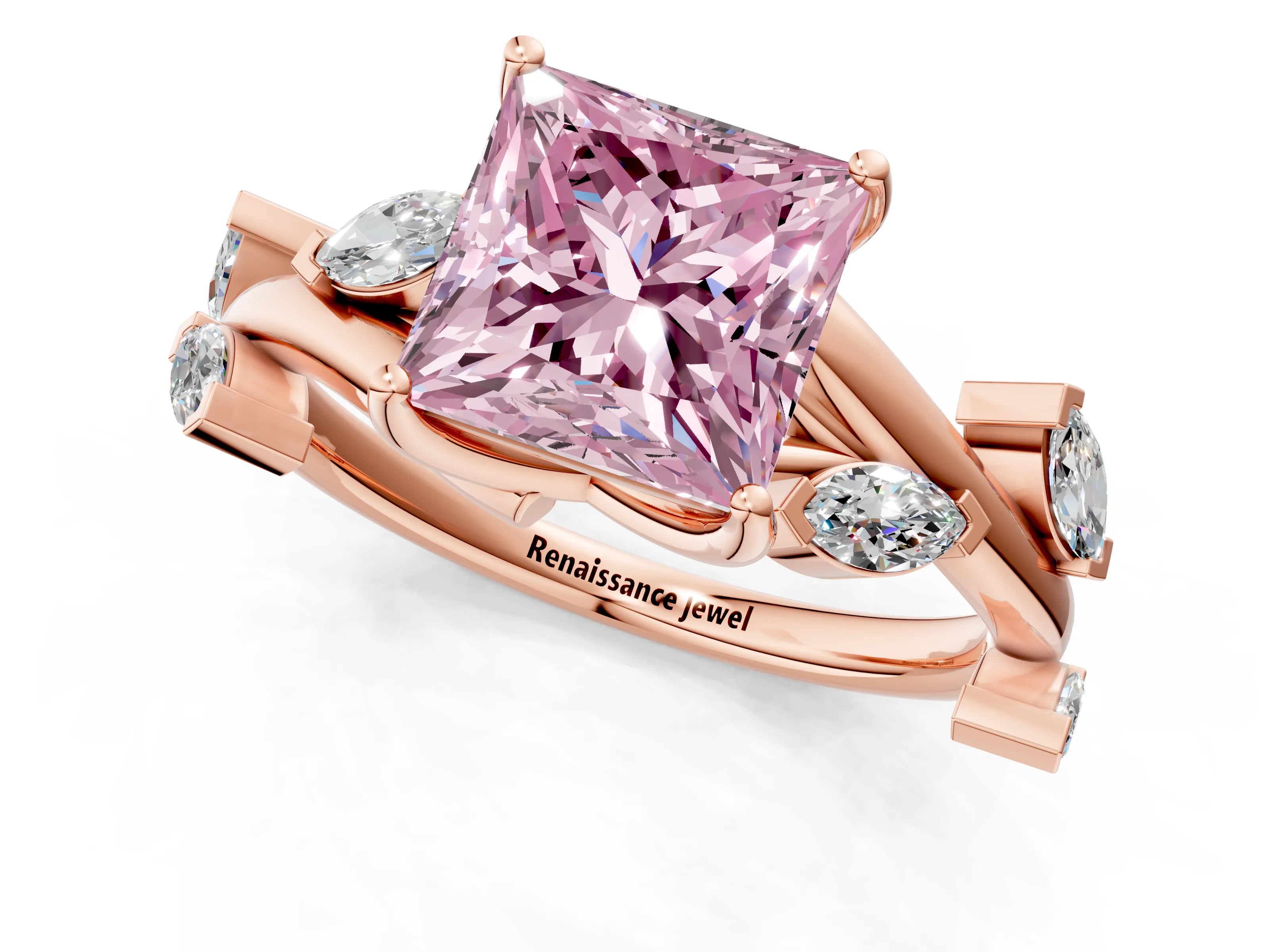 Rose gold Fancy Pink Princess Cut Solitaire Twisted Band Marquise Accent Prong Setting Ring_1