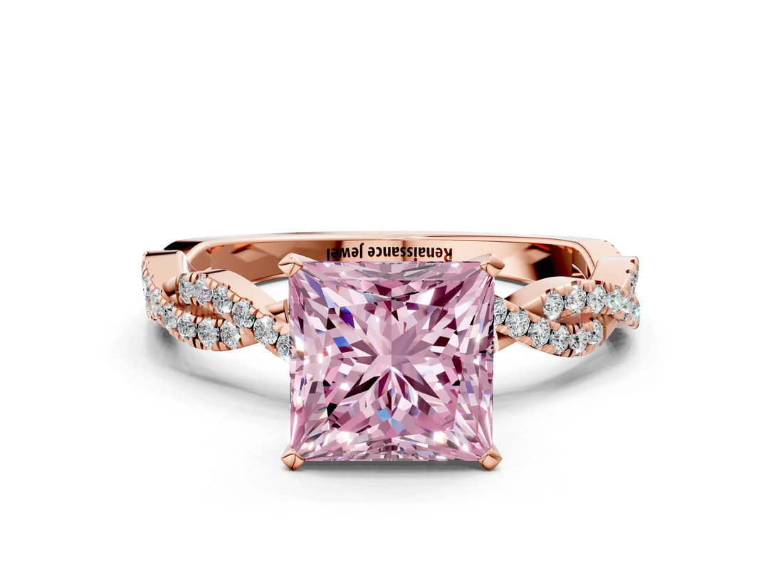 Rose gold Fancy Pink Princess Cut Solitaire Twisted Pave Band with Four-Prong Setting_3