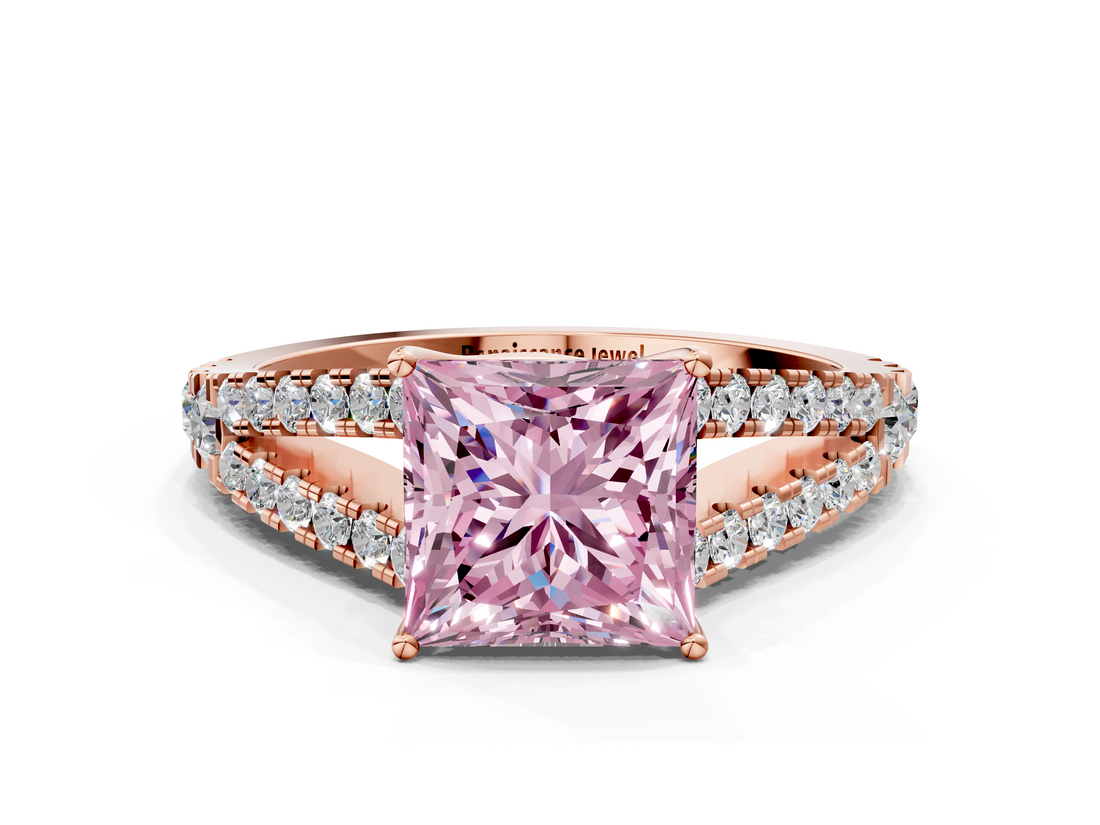 Rose gold Fancy Pink Princess  Cut Split Shank Pave Diamond Engagement Ring with Four-Prong Setting