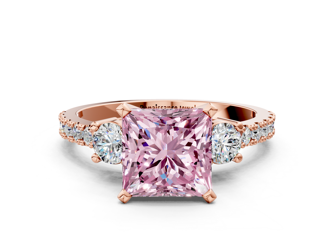 Rose gold Fancy Pink Princess  Cut Three-Stone Diamond Pavé Band with Prong Setting