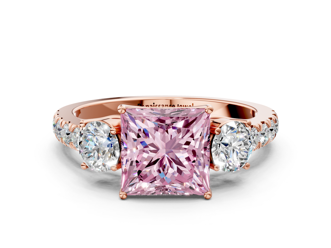 Rose gold Fancy Pink Princess  Cut Three-Stone Diamond Pave Band with Prong Setting_18