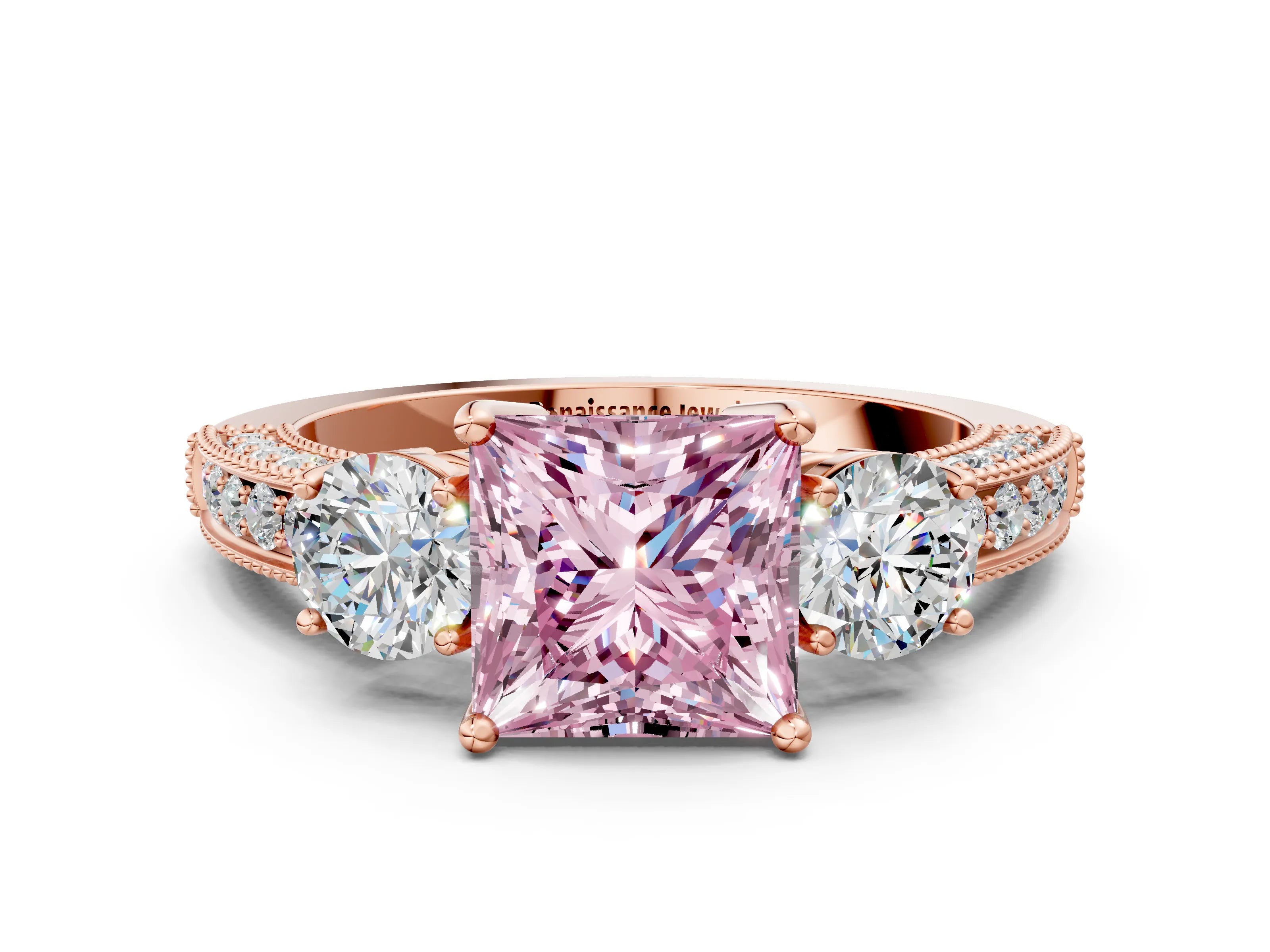 Rose gold Fancy Pink Princess Cut Three-Stone Diamond Ring with Pavé Band and Four-Prong Setting