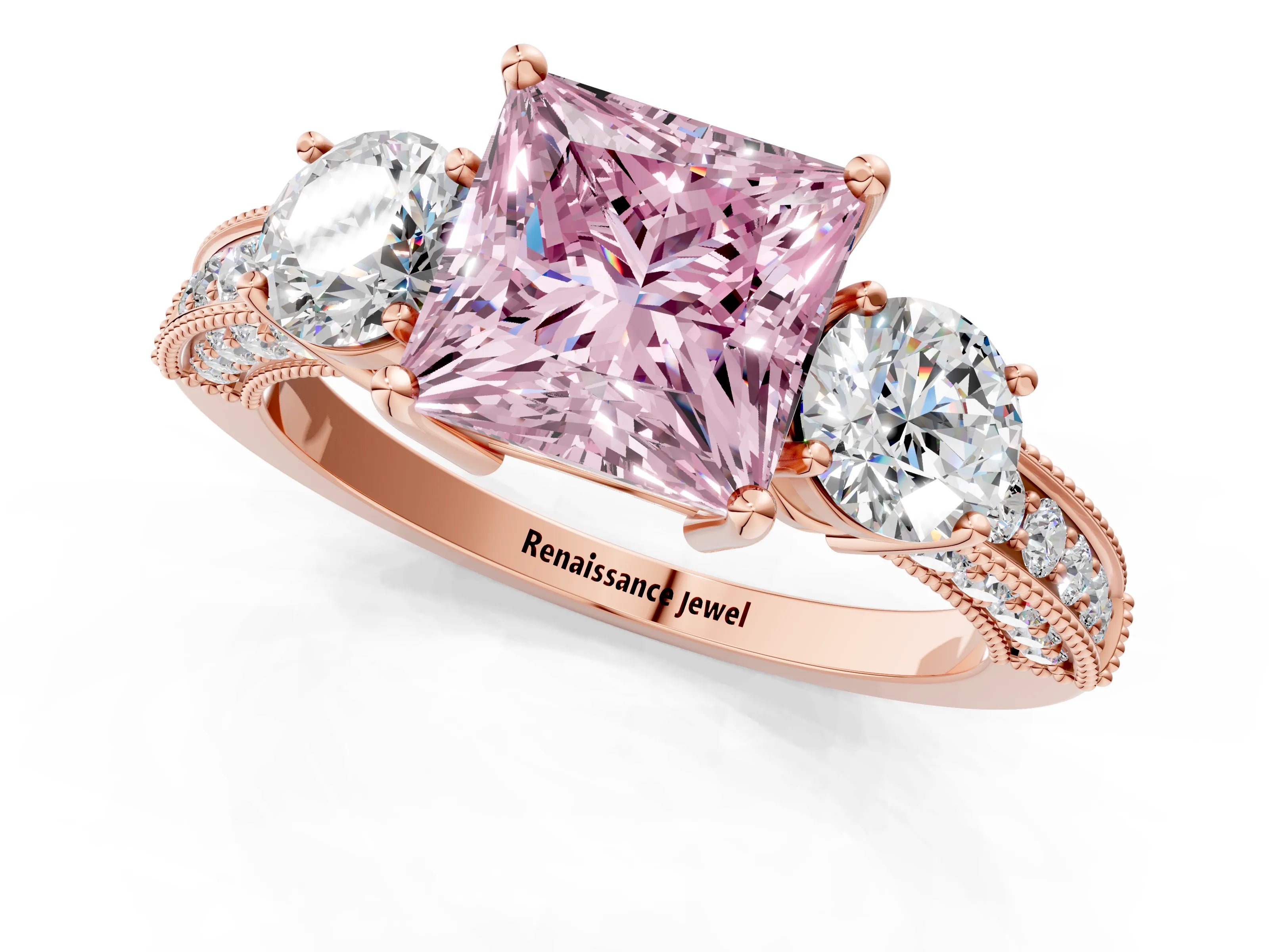 Rose gold Fancy Pink Princess Cut Three-Stone Diamond Ring with Pavé Band and Four-Prong Setting_1