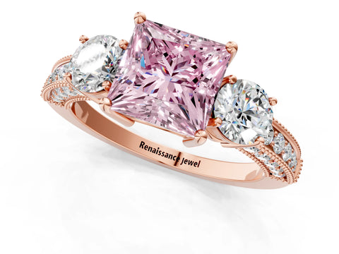 Rose gold Fancy Pink Princess Cut Three-Stone Diamond Ring with Pavé Band and Four-Prong Setting_1
