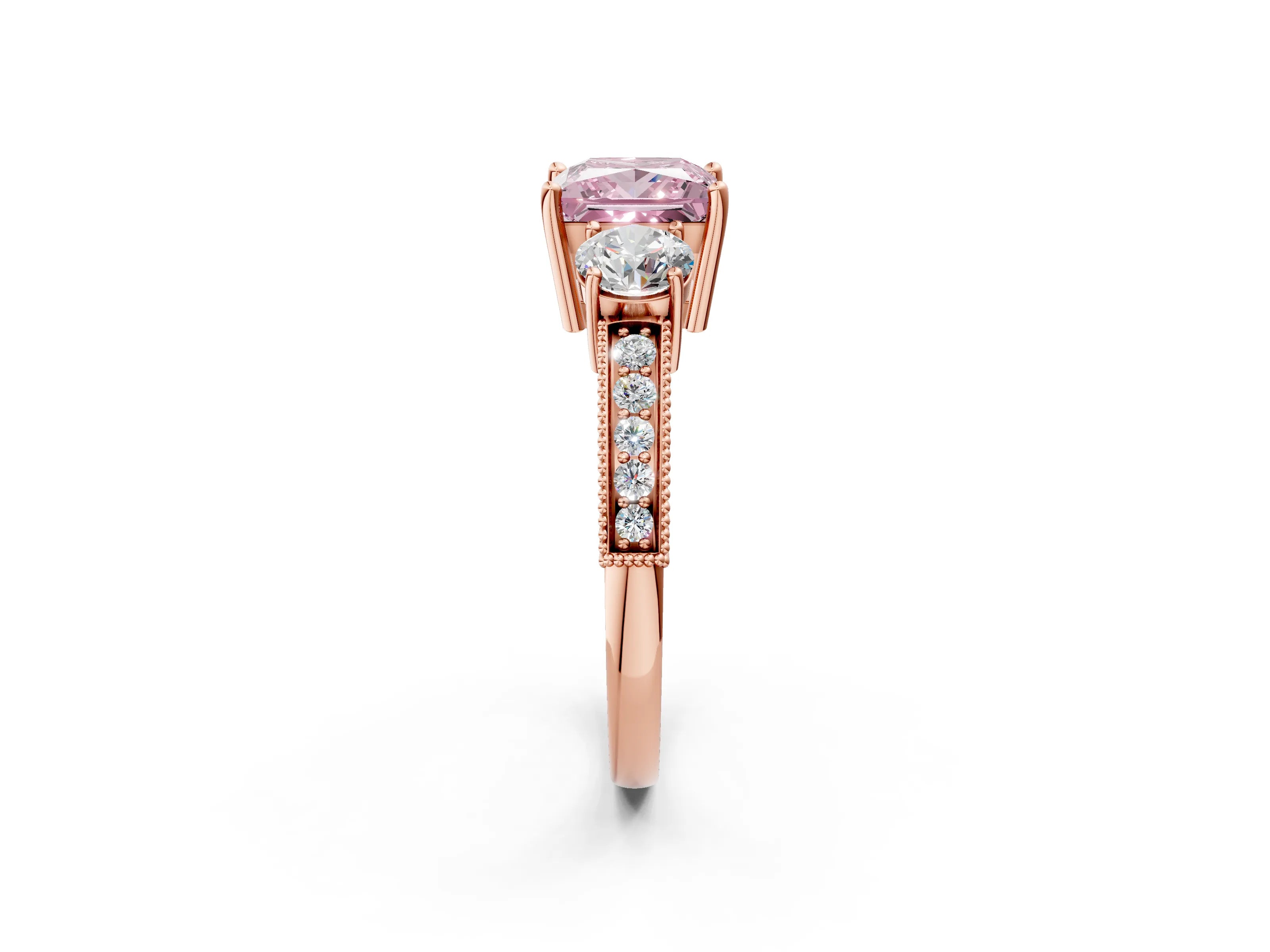 Rose gold Fancy Pink Princess Cut Three-Stone Diamond Ring with Pavé Band and Four-Prong Setting_2