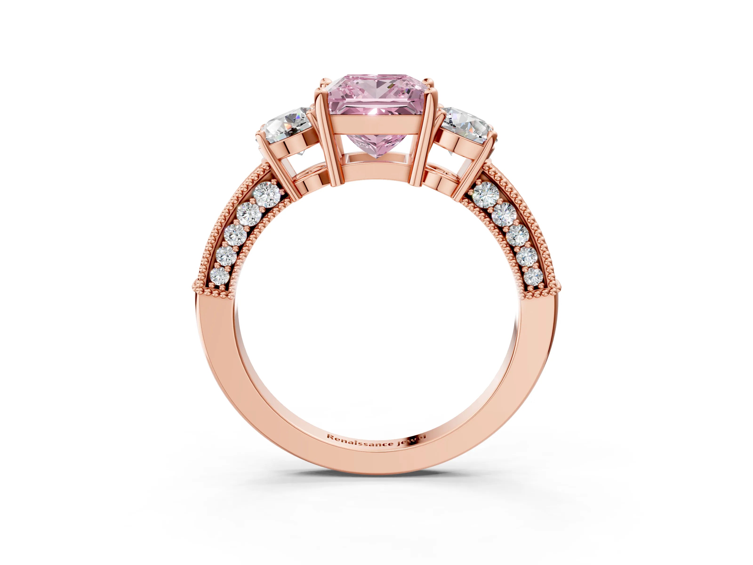 Rose gold Fancy Pink Princess Cut Three-Stone Diamond Ring with Pavé Band and Four-Prong Setting_3
