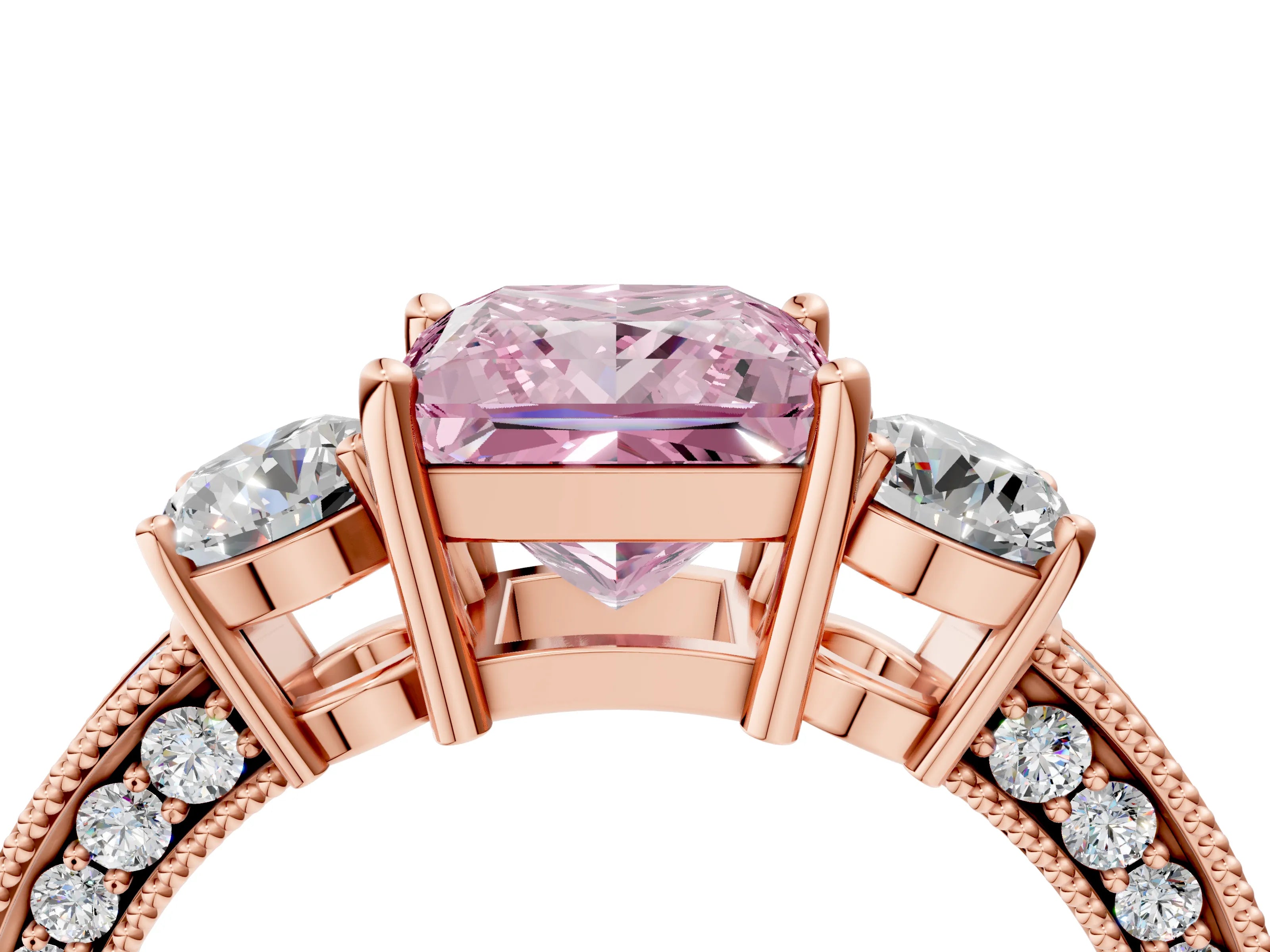 Rose gold Fancy Pink Princess Cut Three-Stone Diamond Ring with Pavé Band and Four-Prong Setting_4