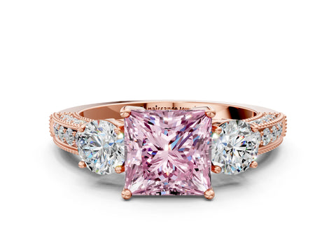 Rose gold Fancy Pink Princess Cut Three-Stone Diamond Ring with Pavé Band and Four-Prong Setting