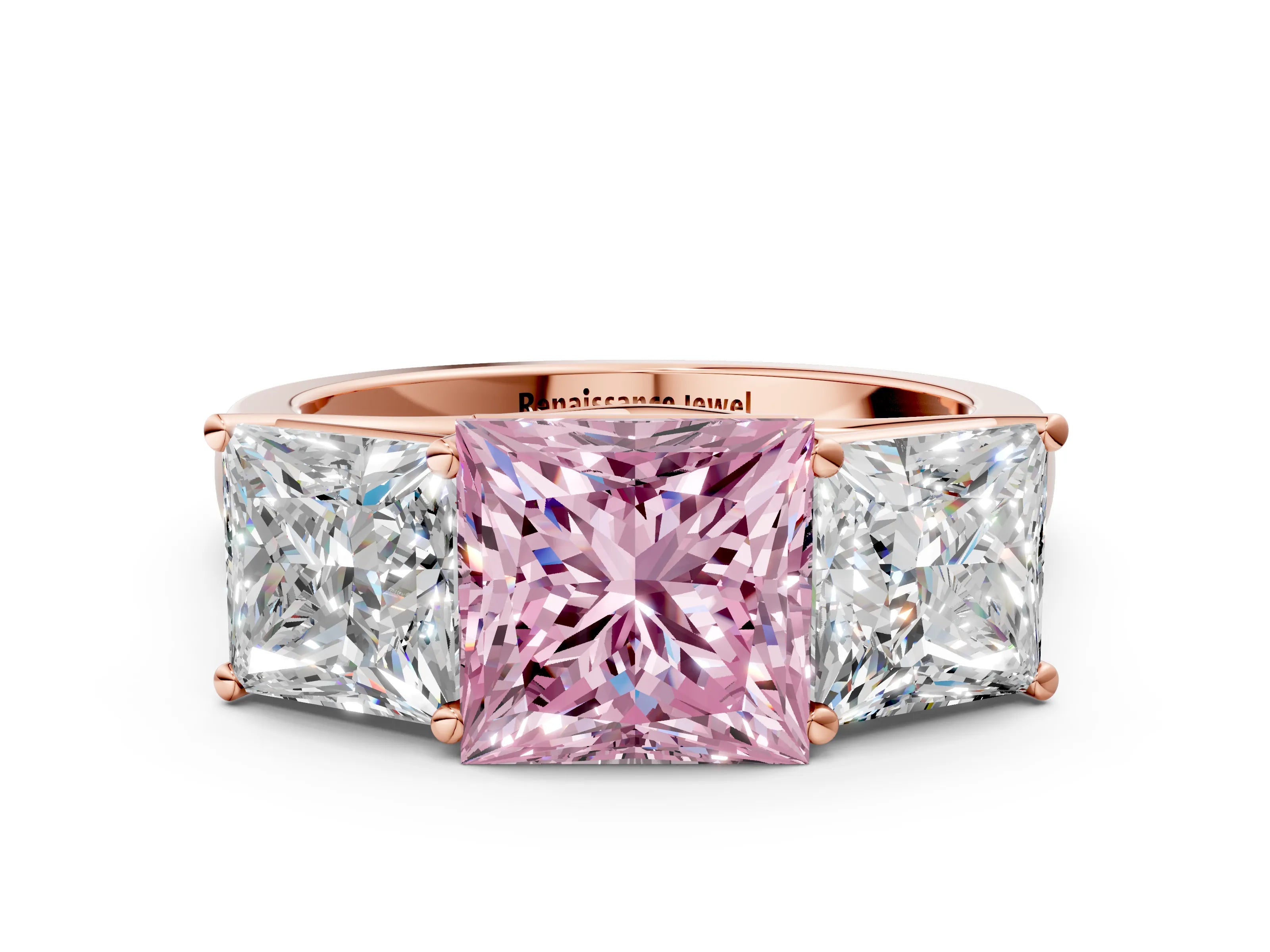 Rose gold Fancy Pink Princess Cut Three-Stone Diamond Ring with Prong Setting on a Classic Band