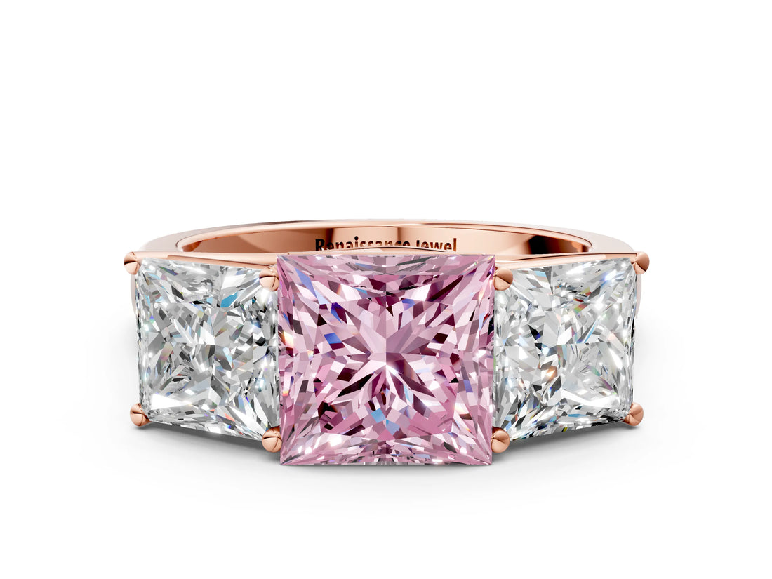 Rose gold Fancy Pink Princess Cut Three-Stone Diamond Ring with Prong Setting on a Classic Band_12