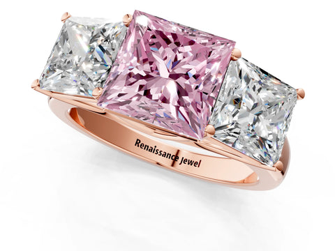 Rose gold Fancy Pink Princess Cut Three-Stone Diamond Ring with Prong Setting on a Classic Band_1