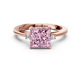 Rose gold Fancy Pink Princess  Cut Three-Stone Solitaire Ring with Round Accent Diamonds and Four-Prong Setting