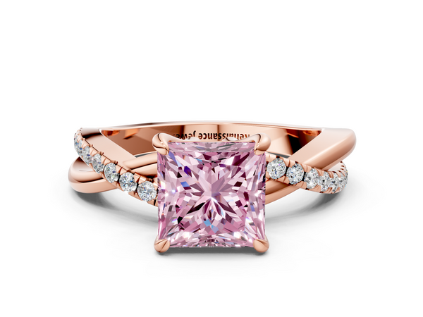 Rose gold Fancy Pink Princess  Cut Twist Band Solitaire Diamond Ring with Pavé Setting