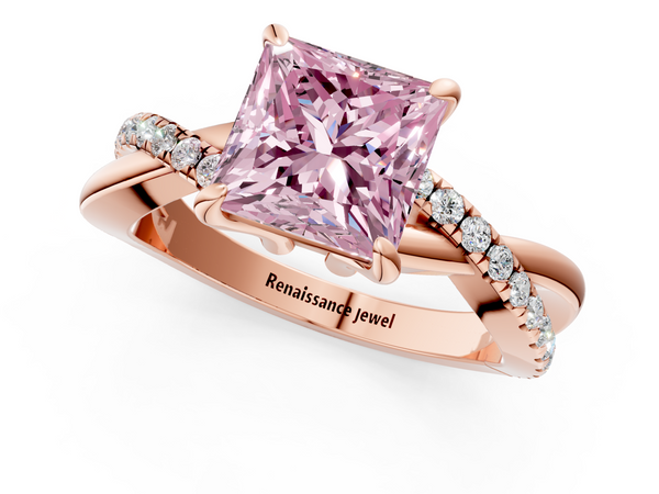 Rose gold Fancy Pink Princess  Cut Twist Band Solitaire Diamond Ring with Pavé Setting