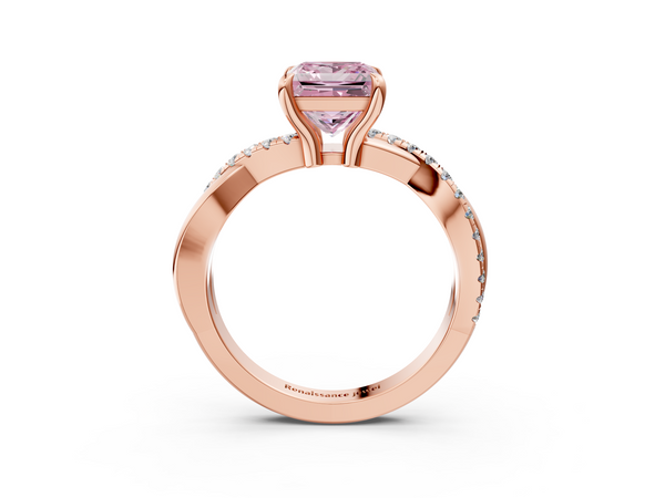 Rose gold Fancy Pink Princess  Cut Twist Band Solitaire Diamond Ring with Pavé Setting