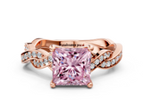 Rose gold Fancy Pink Princess  Cut Twisted Pavé Band Solitaire Ring with Four-Prong Setting
