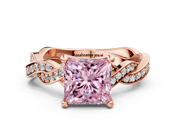 Rose gold Fancy Pink Princess  Cut Twisted Pavé Band Solitaire Ring with Four-Prong Setting