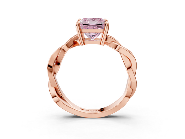 Rose gold Fancy Pink Princess  Cut Twisted Pavé Band Solitaire Ring with Four-Prong Setting