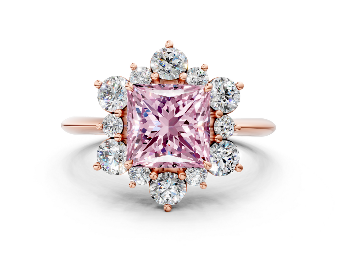 Rose gold Fancy Pink Princess  Diamond Cluster Halo Ring with Solitaire Band and Four-Prong Setting