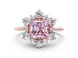 Rose gold Fancy Pink Princess  Diamond Cluster Halo Ring with Solitaire Band and Four-Prong Setting