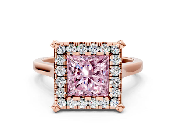 Rose gold Fancy Pink Princess  Diamond Cluster Halo Solitaire with Four-Prong Setting