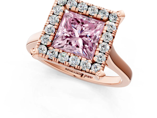 Rose gold Fancy Pink Princess  Diamond Cluster Halo Solitaire with Four-Prong Setting