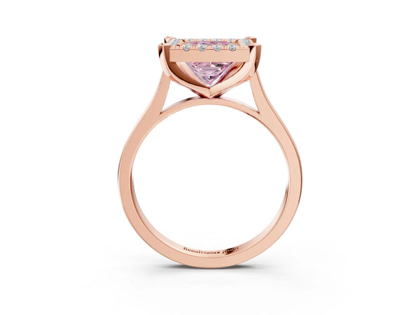 Rose gold Fancy Pink Princess  Diamond Cluster Halo Solitaire with Four-Prong Setting