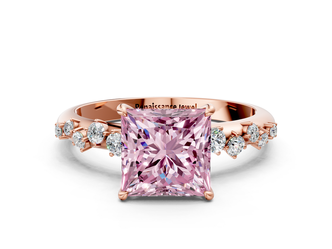 Rose gold Fancy Pink Princess  Diamond Cluster Prong-Set Solitaire Ring