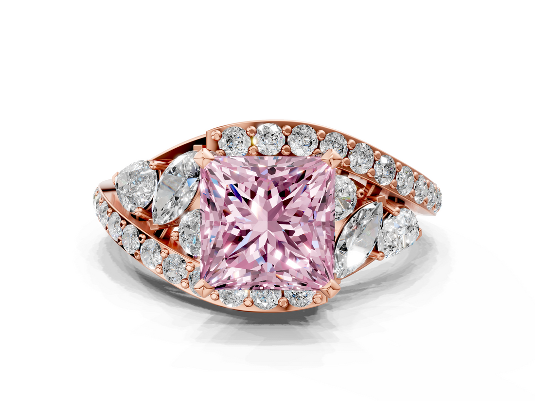 Rose gold Fancy Pink Princess  Diamond Halo Ring with Marquise and Pavé Band in Prong Setting