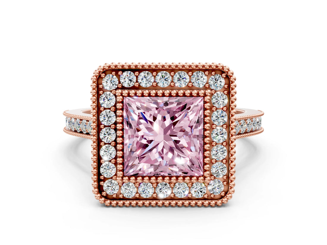 Rose gold Fancy Pink Princess  Diamond Halo Ring with Milgrain Frame and Pavé Band_23