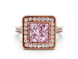 Rose gold Fancy Pink Princess  Diamond Halo Ring with Milgrain Frame and Pavé Band_23