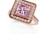 Rose gold Fancy Pink Princess  Diamond Halo Ring with Milgrain Frame and Pavé Band_24