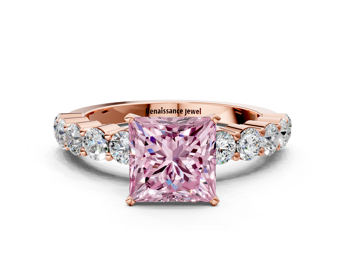 Rose gold Fancy Pink Princess  Diamond Pavé Band Solitaire with Four-Prong Setting
