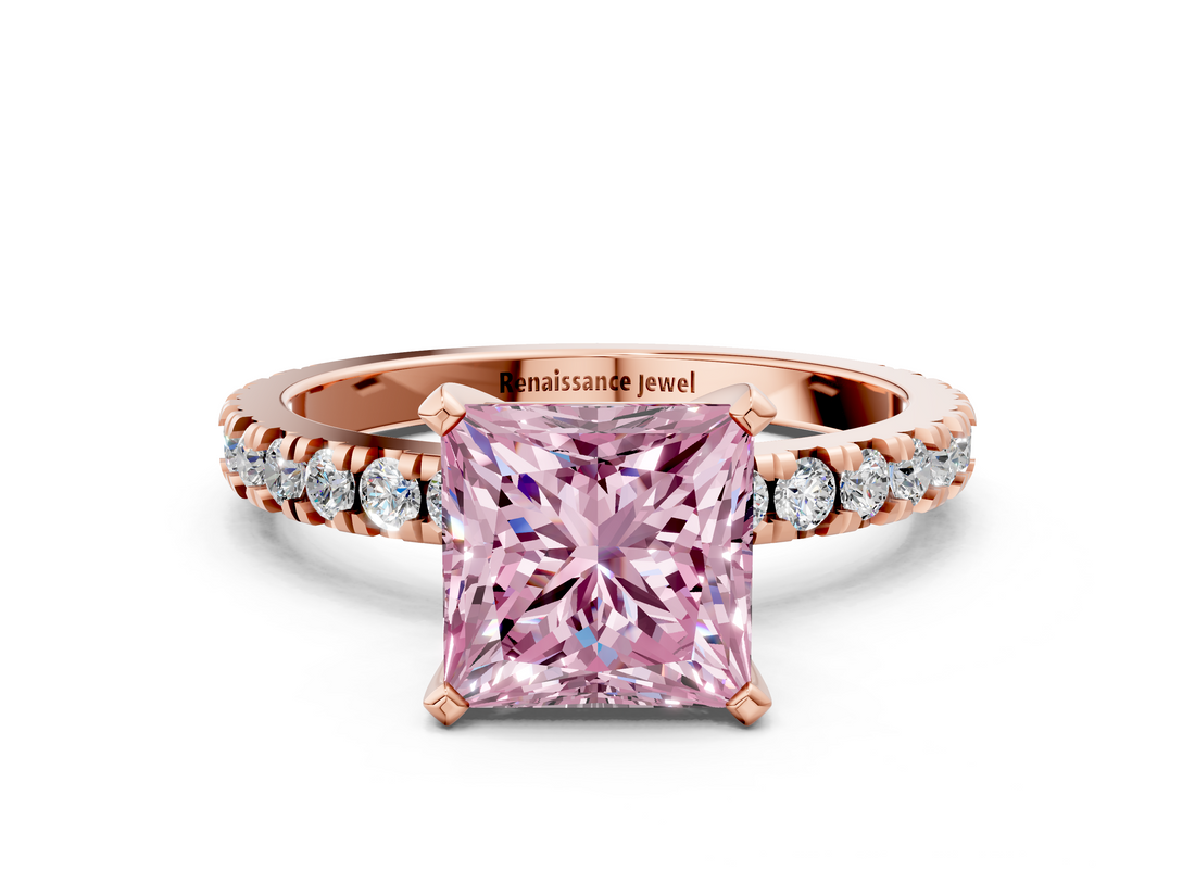 Rose gold Fancy Pink Princess  Diamond Pavé Band Solitaire with Four-Prong Setting