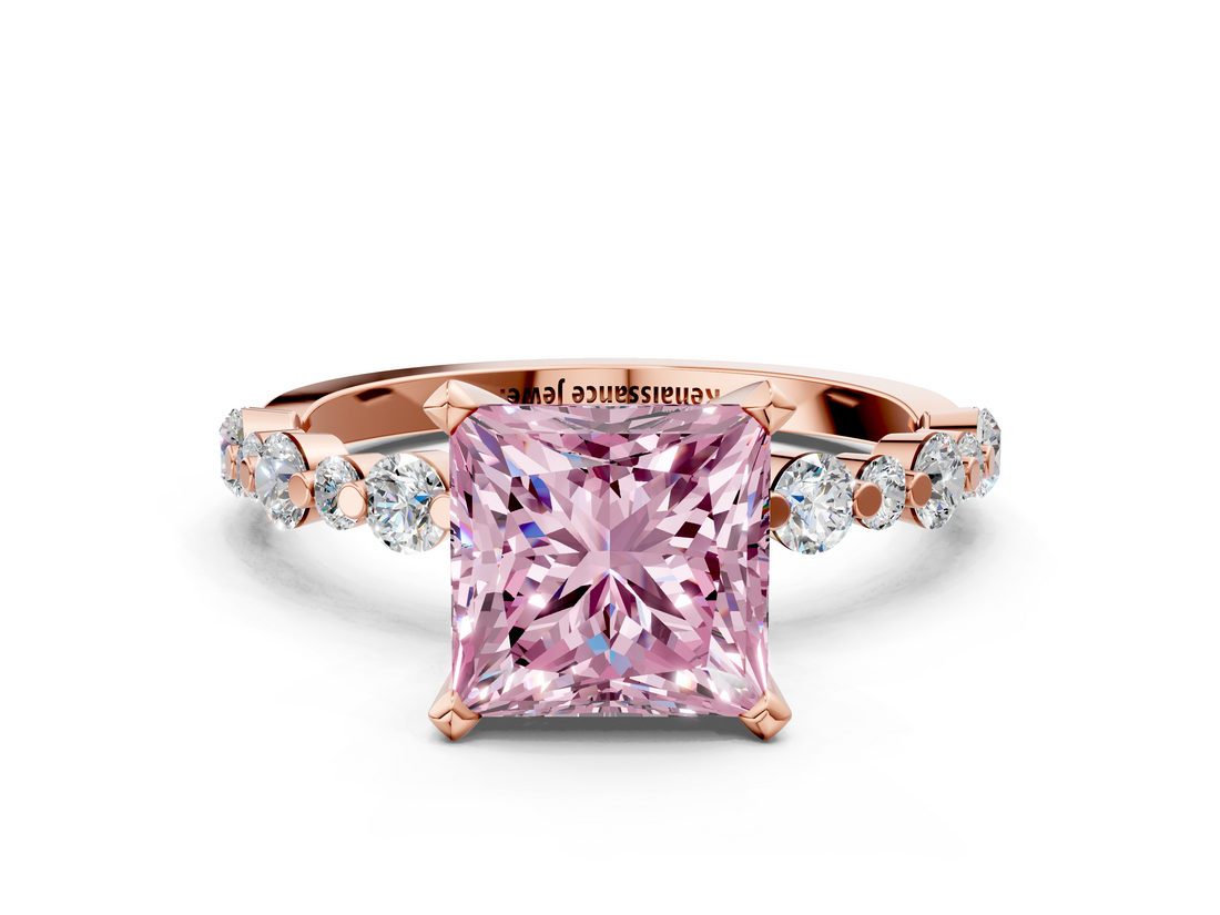 Rose gold Fancy Pink Princess  Diamond Prong Set Engagement Ring with Pave Band