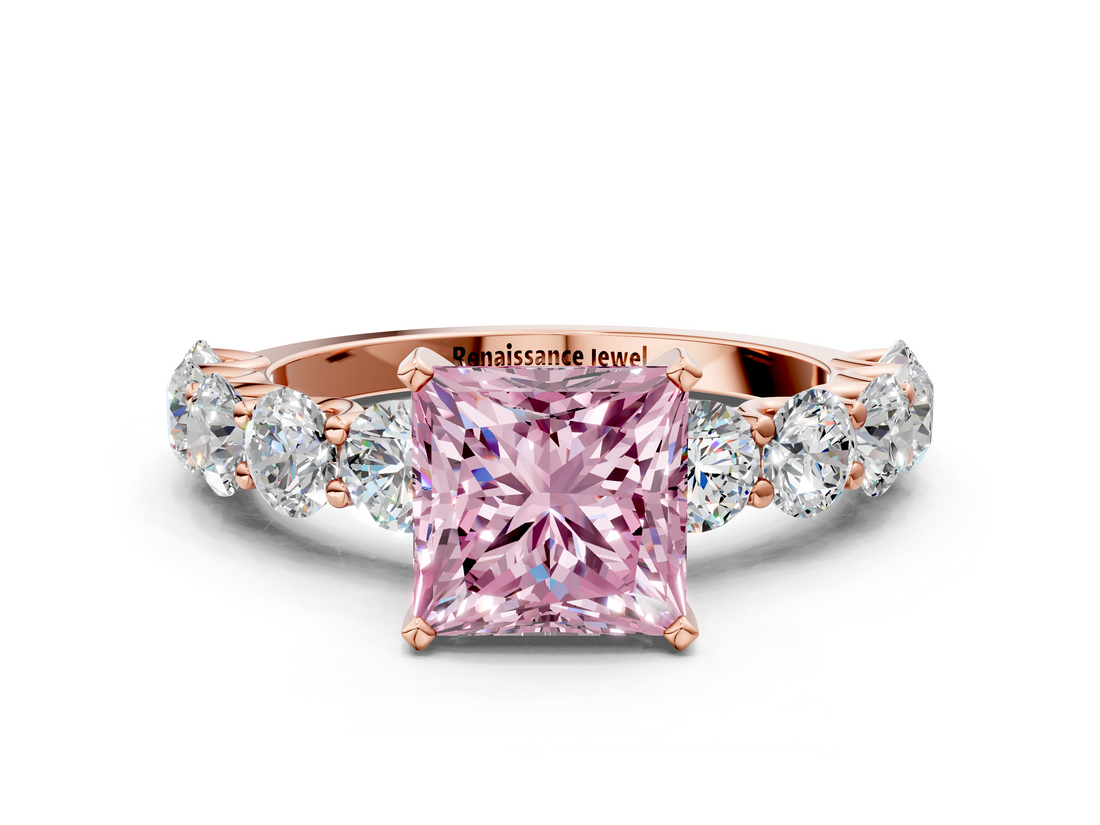 Rose gold Fancy Pink Princess  Diamond Prong Setting with Side Stones on a Pave Band