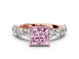 Rose gold Fancy Pink Princess  Diamond Prong Setting with Side Stones on a Pave Band
