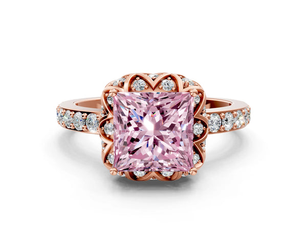 Rose gold Fancy Pink Princess  Diamond Solitaire Ring with Shared Prong Pavé Band