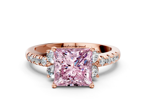 Rose gold Fancy Pink Princess  Diamond Three-Stone Pave Band with Four-Prong Setting