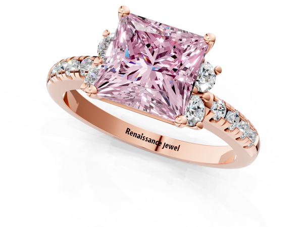 Rose gold Fancy Pink Princess  Diamond Three-Stone Pave Band with Four-Prong Setting
