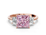 Rose gold Fancy Pink Princess  Diamond Three-Stone Ring with Trapezoid Side Stones and Prong Setting