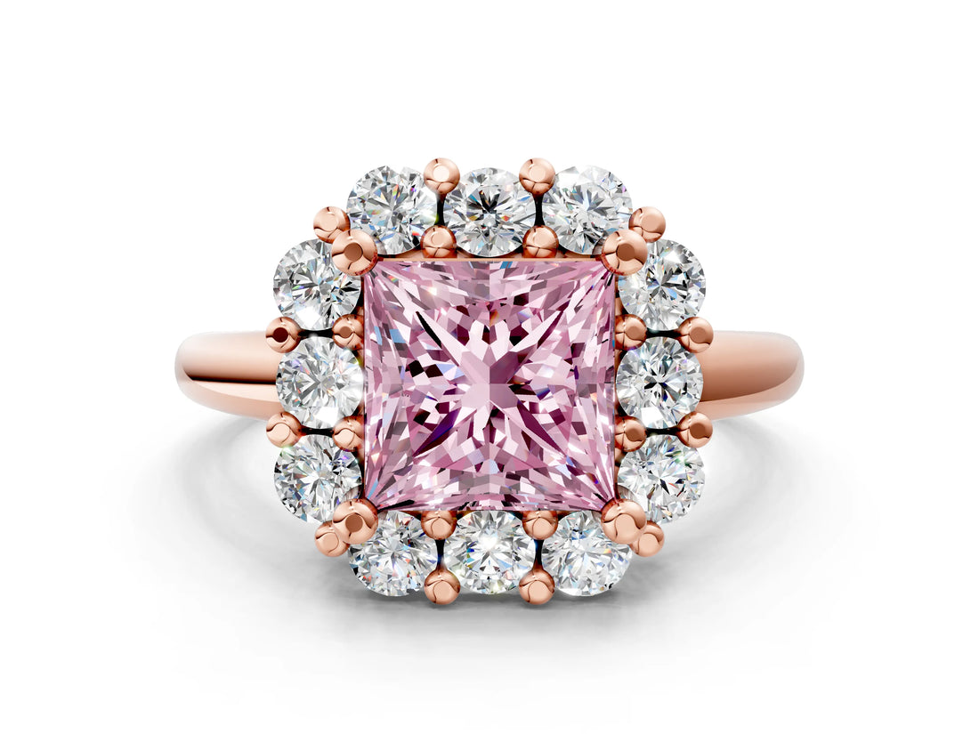 Rose gold Fancy Pink Princess  Halo Cluster Diamond Engagement Ring with Prong Setting and Polished Band_20
