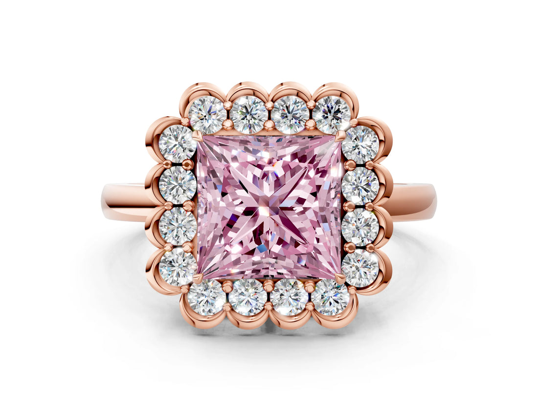 Rose gold Fancy Pink Princess  Halo Cluster Diamond Engagement Ring with Solitaire Band and Prong Setting_64
